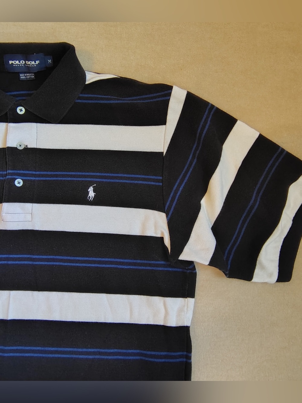 Vtg Polo Golf Ralph Lauren Striped Shirt Mens M Black Blue White Cotton Polo Y2K
